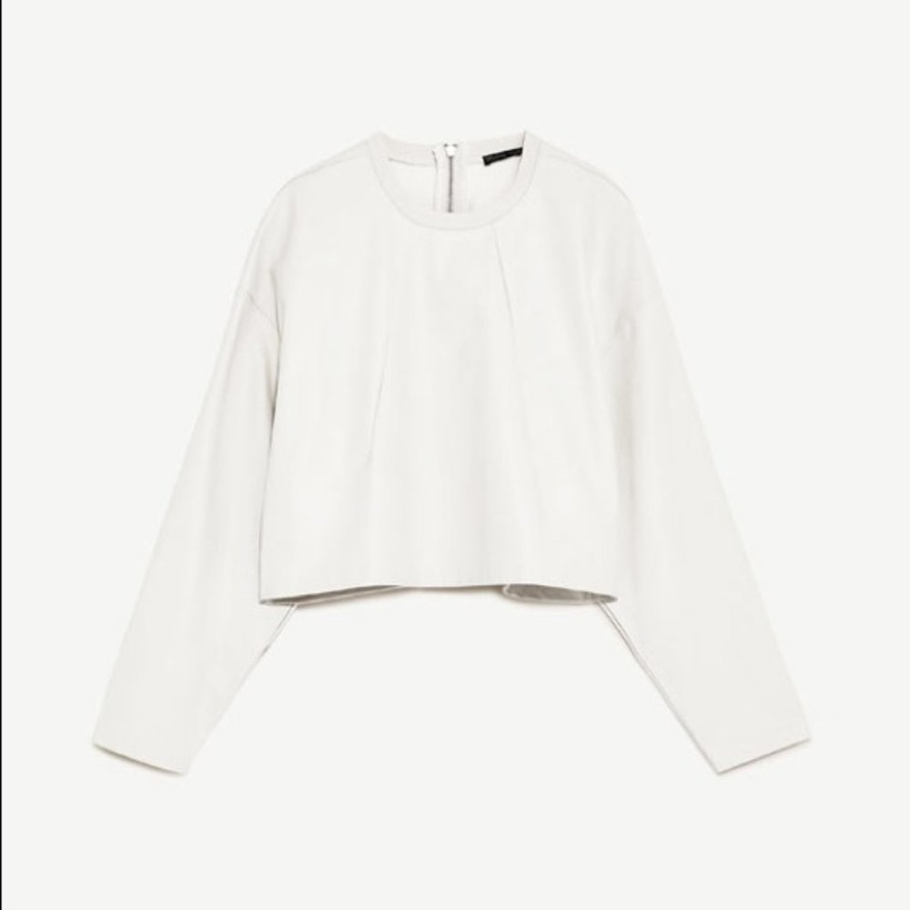 ZARA White Faux Leather Long Sleeve Crop Top